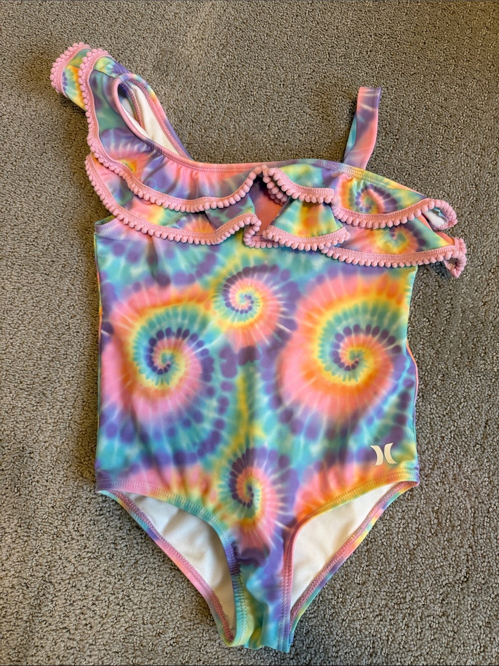 Hurley Girls Multicolor Tie-Dye One-Shoulder Swimsuit with Pink Ruffle size 6